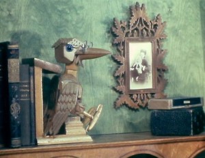 Professor Yaffle, a carved wooden bookend in the shape of a woodpecker