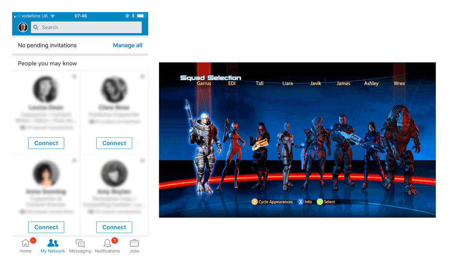 LinkedIn network page compared with squad selection in Mass Effect 3