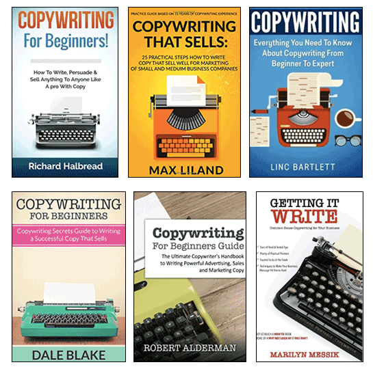 Collage of copywriting book covers featuring typewriters 